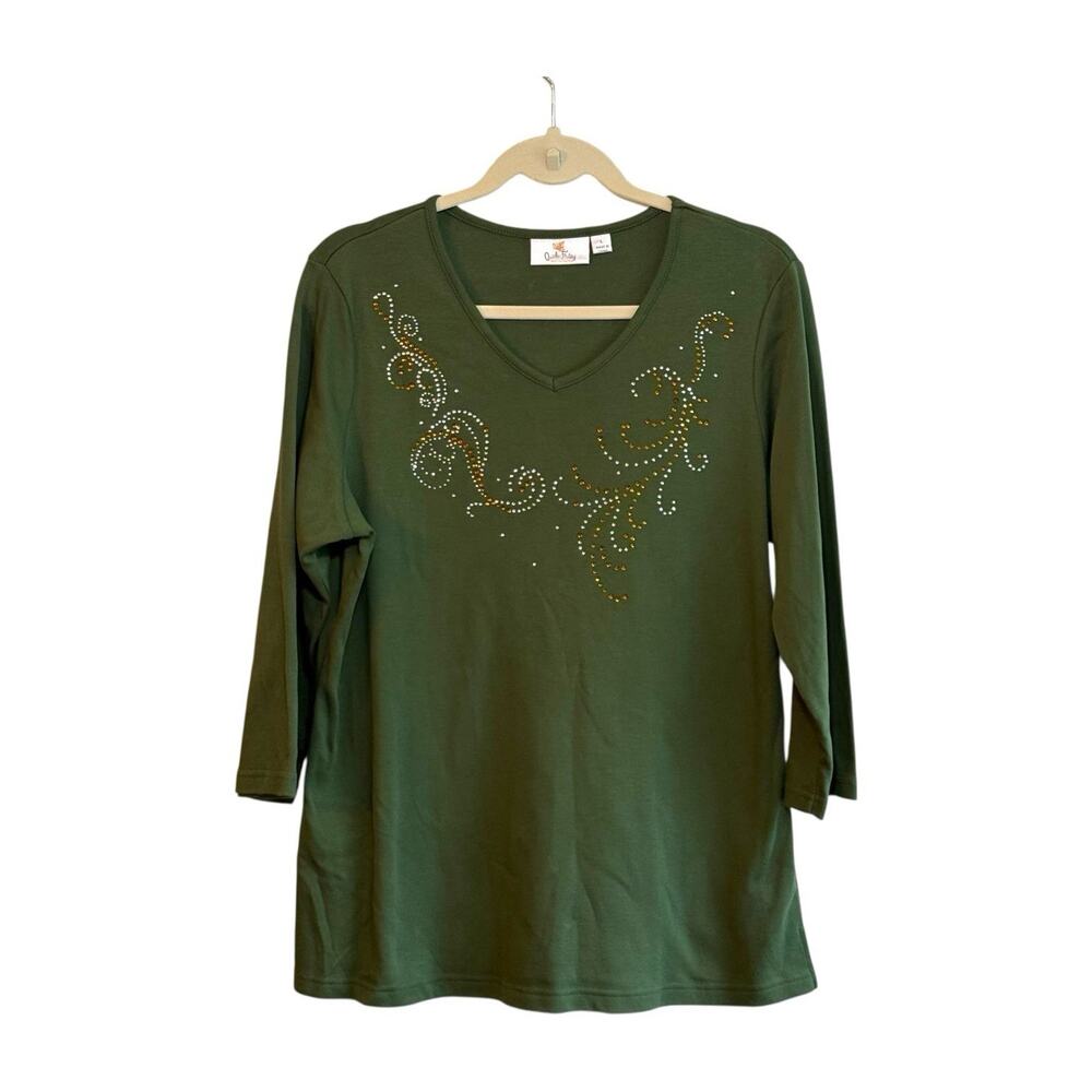 Quacker Factory 3/4 Length Slv Knit Top Dark Olive Jewel Embellished NWOT Sz L
